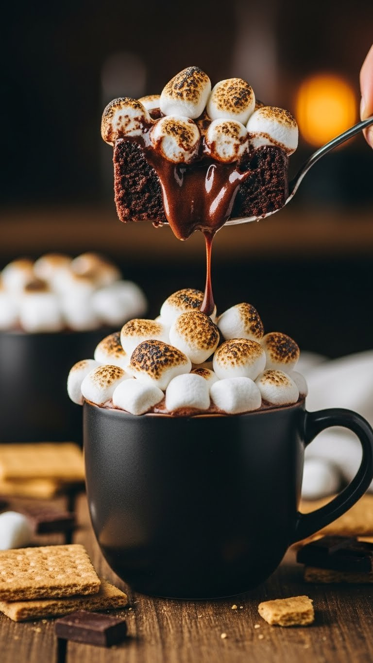 Gooey S'mores Mug Delight: Molten Chocolate Cake, Toasted Marshmallows, Graham Crackers On Rustic Wood. Cozy Light.
