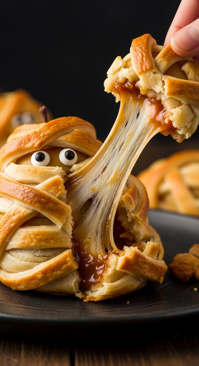 Gooey Apple Caramel Mummy Pulling Apart, Showing Melted Caramel And Googly Eyes On A Dark Rustic Table. Indulgent Halloween Treat.