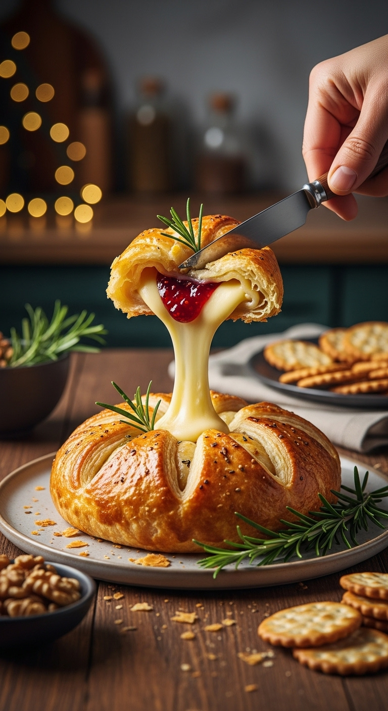 Gooey Baked Brie In Puff Pastry With Raspberry Jam Cut Open On A Rustic Wood Table With Walnuts And Crackers