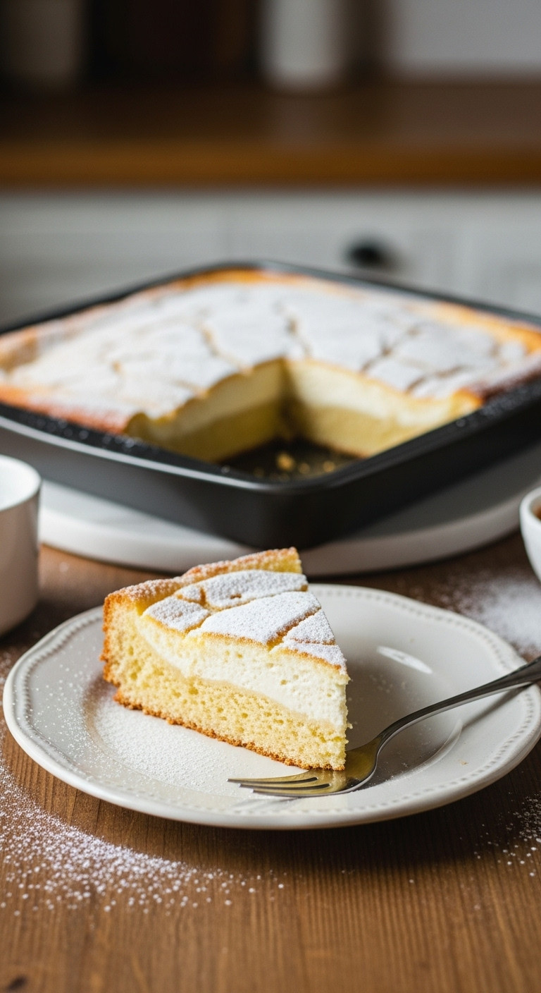 Gooey Butter Cake Slice On Vintage Plate With Powdered Sugar, Full Cake In Background On Rustic Table.