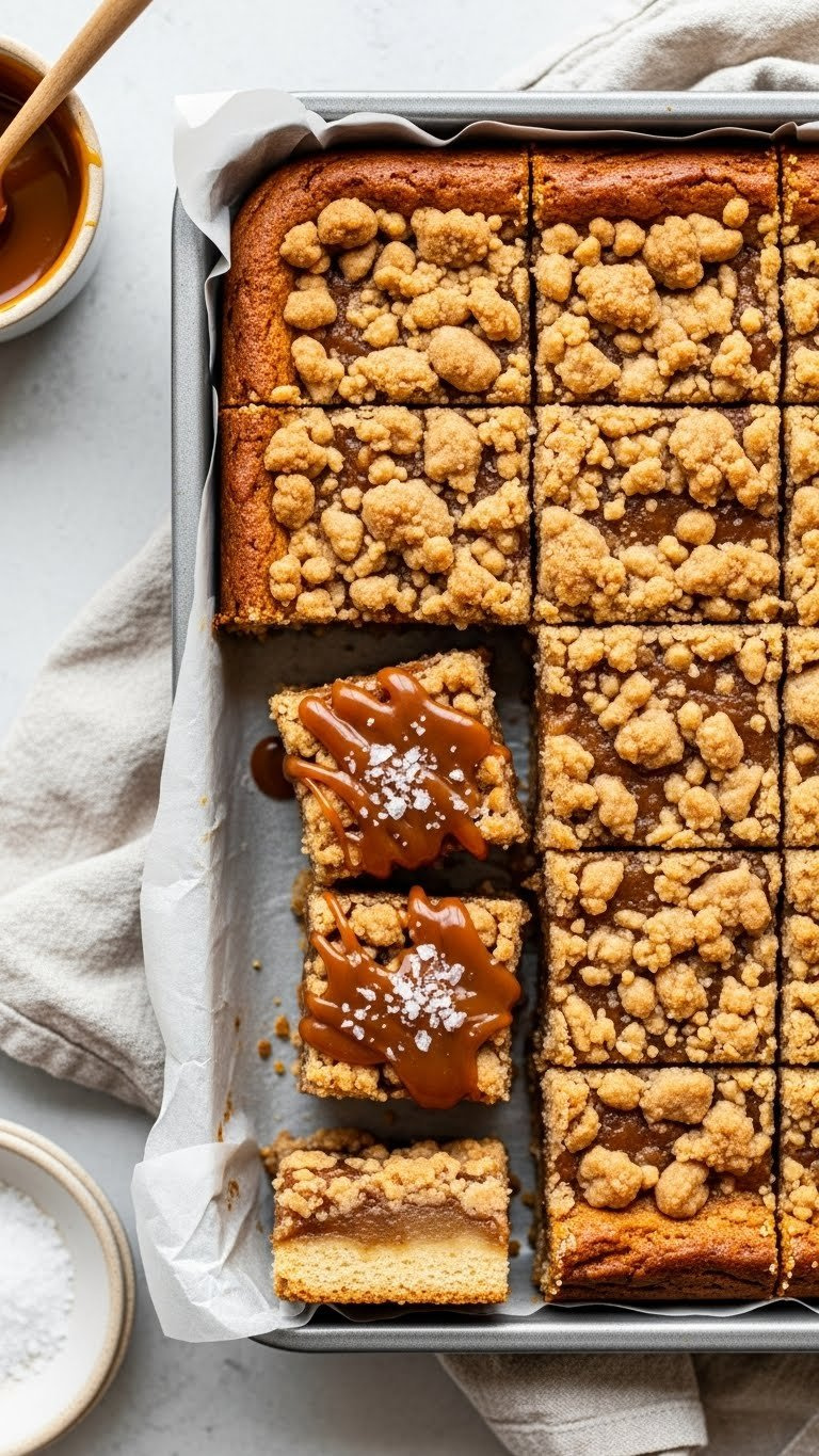 Gooey Caramel Apple Bars With Shortbread Crust, Thick Apple Filling, Crunchy Streusel, And Caramel Drizzle.