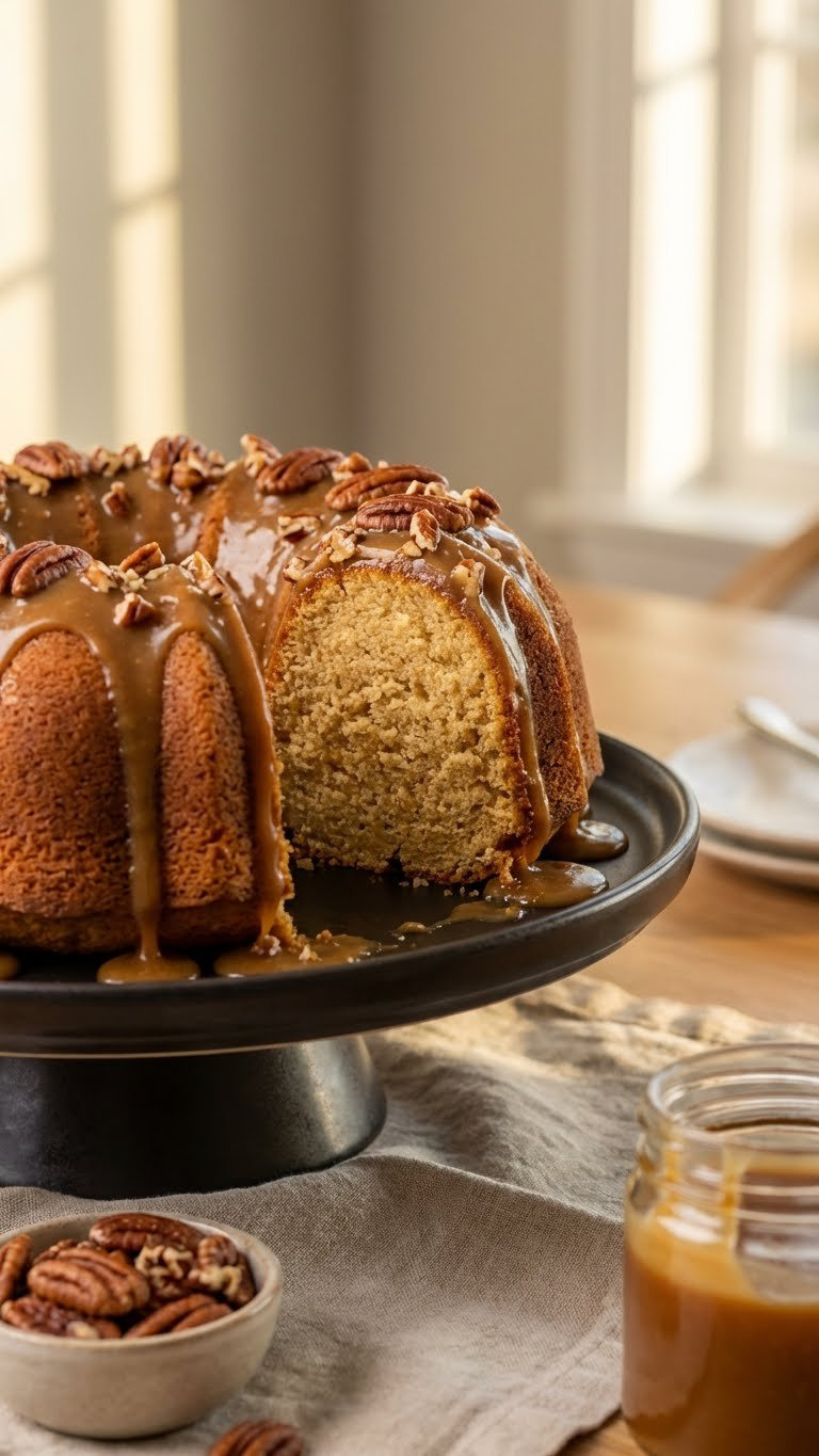 Gooey Caramel Pecan Bundt Cake With Luscious Caramel And Pecans Cascading, On A Dark Ceramic Stand With Extra Pecans.
