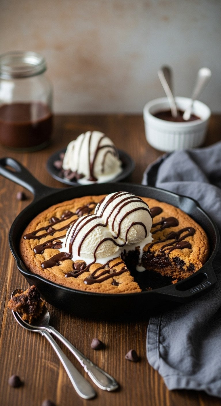 Gooey Chocolate Chip Skillet Cookie With Melting Vanilla Ice Cream And Chocolate Sauce, Ready To Be Served From A Cast Iron Pan.