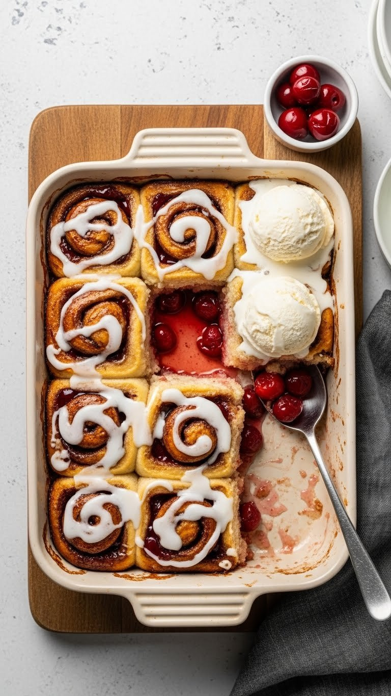 Gooey Cinnamon Roll Casserole With Cherry Pie Filling, Topped With Melting Vanilla Ice Cream, In A Rustic Ceramic Dish. Dessert.