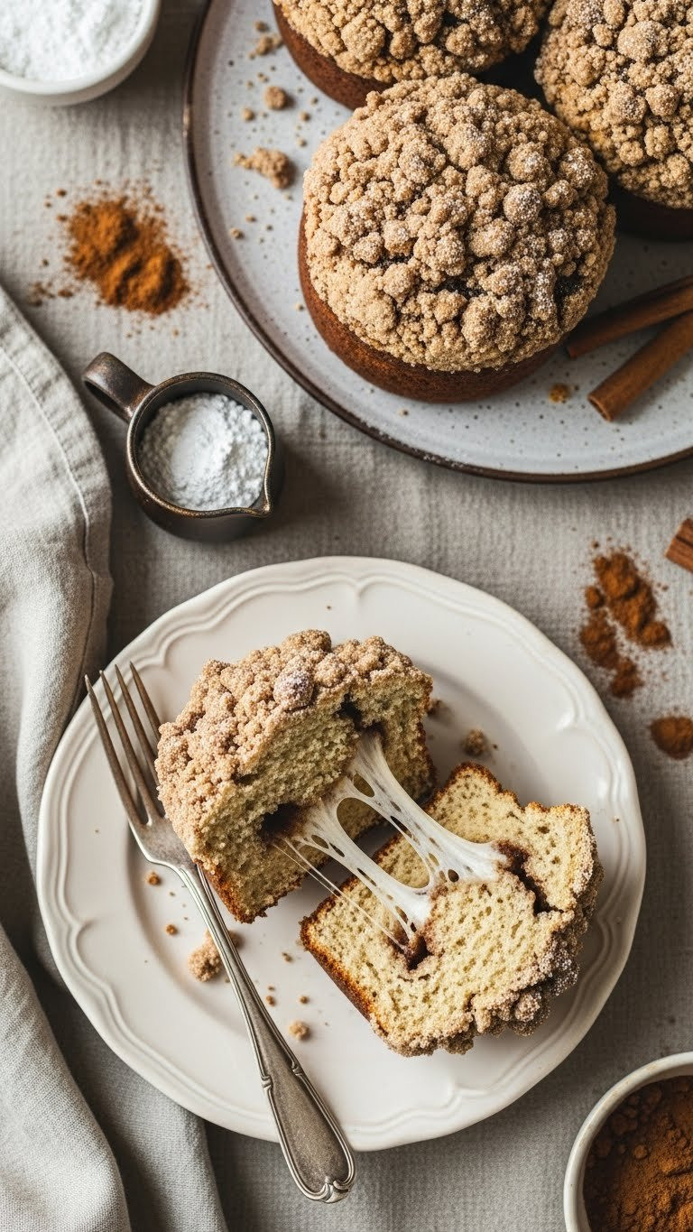 Gooey Coffee Cake Streusel Muffins With Thick Crumble Topping And Cinnamon Swirl, One Revealing Moist Interior. Served On Vintage Plate With Coffee.