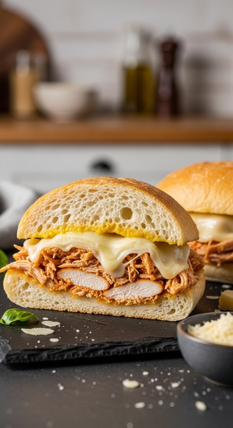 Gooey Garlic Parmesan Chicken Sandwich Cross-Section With Melted Provolone On A Crusty Ciabatta Roll.