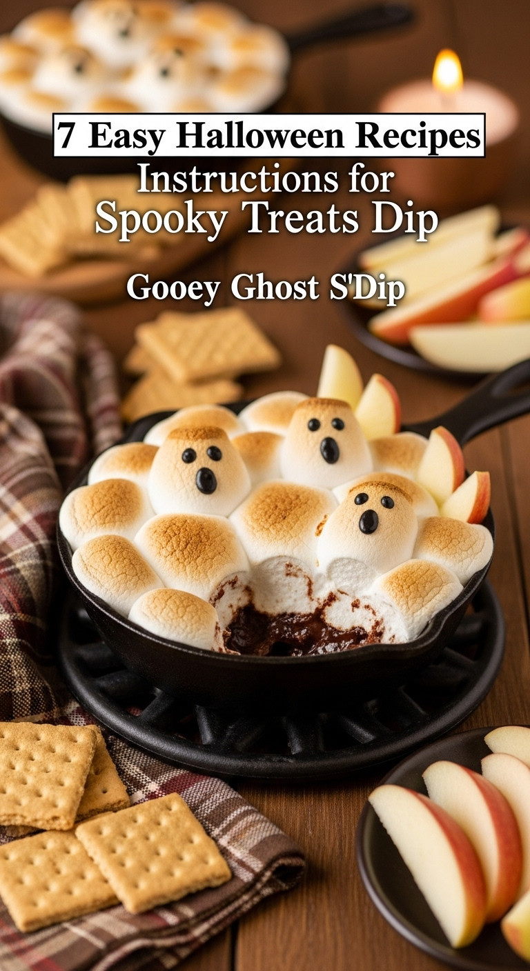 Gooey Ghost S'mores Dip With Toasted Marshmallows And Black Icing Faces In A Cast Iron Skillet