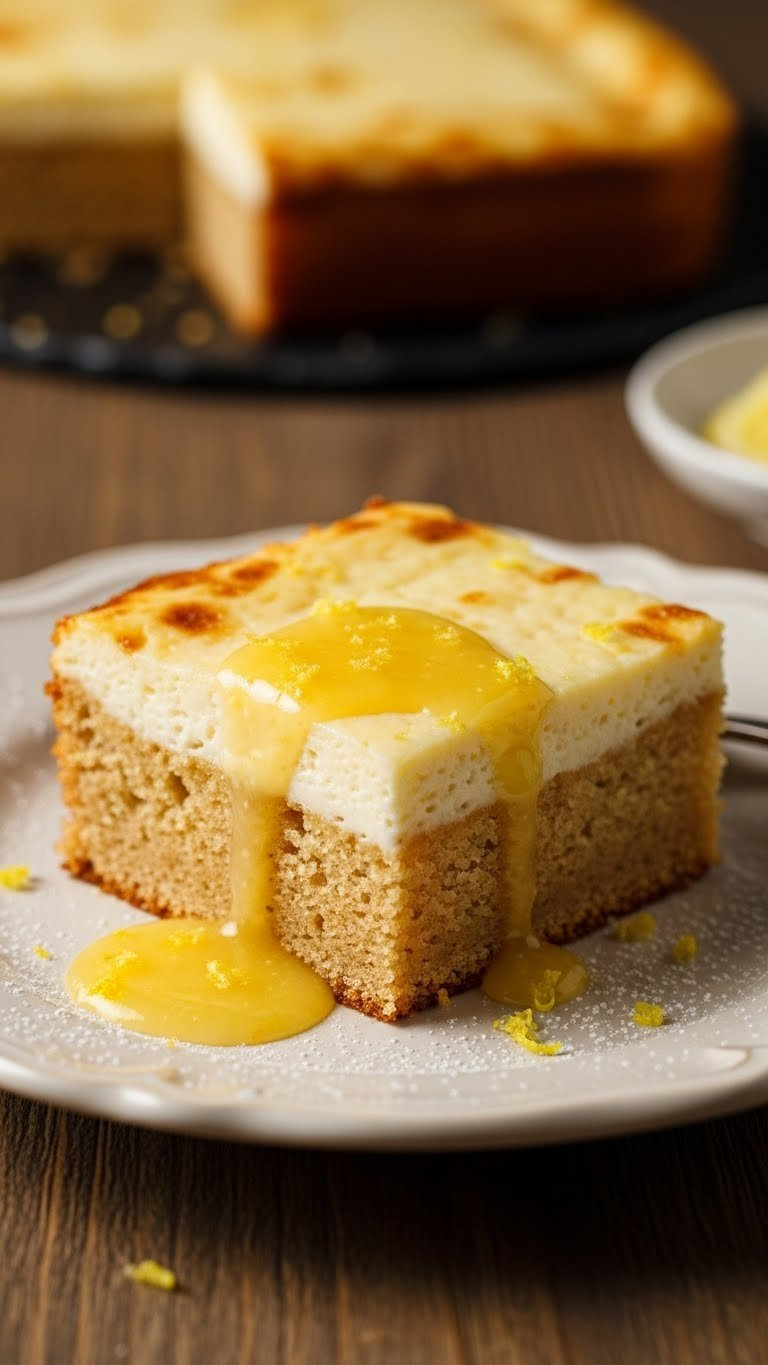 Gooey Lemon Butter Cake Slice, Rich Buttery Base, Baked Lemon Cream Cheese Topping, Dusted With Sugar On Vintage Plate.