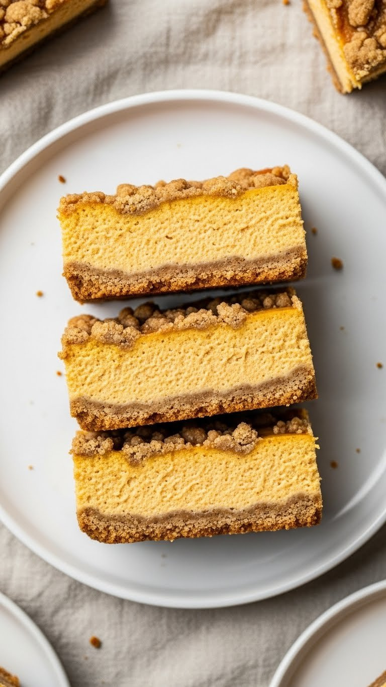 Gooey Pumpkin Cheesecake Bars With Graham Cracker Crust, Rich Pumpkin Filling, Streusel On White Plate, Linen Tablecloth.