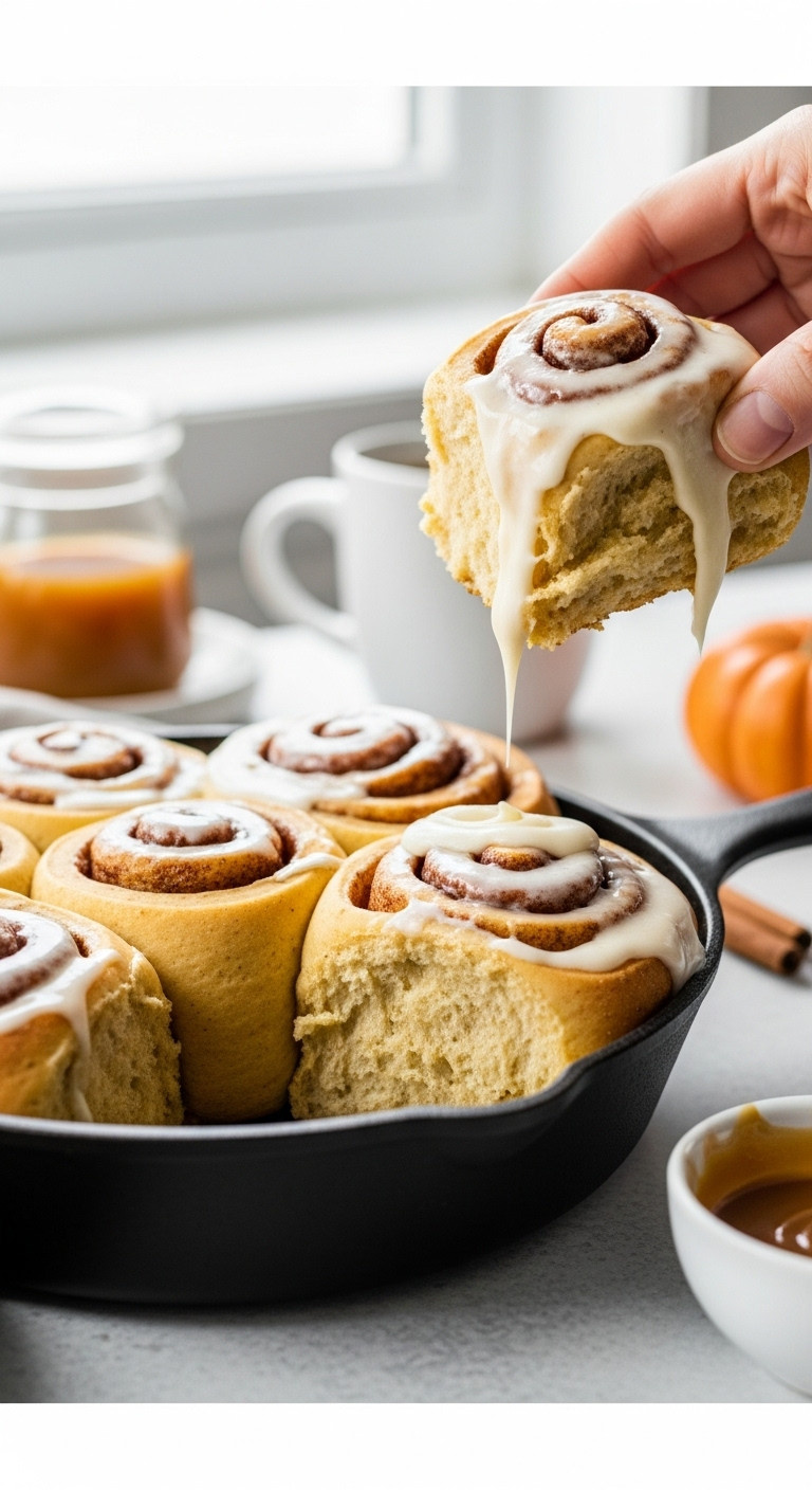 Gooey Pumpkin Cinnamon Rolls With Thick Cream Cheese Frosting Fresh From The Oven In A Cast Iron Skillet