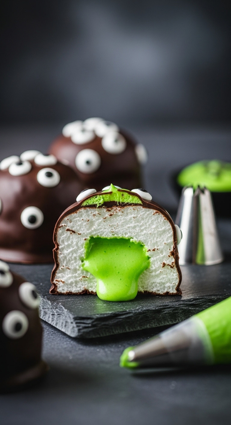 Gooey Slime Monster Marshmallow Cut To Reveal Vibrant Green Filling, Chocolate-Dipped, Candy Eyeballs. Spooky Halloween Dessert.