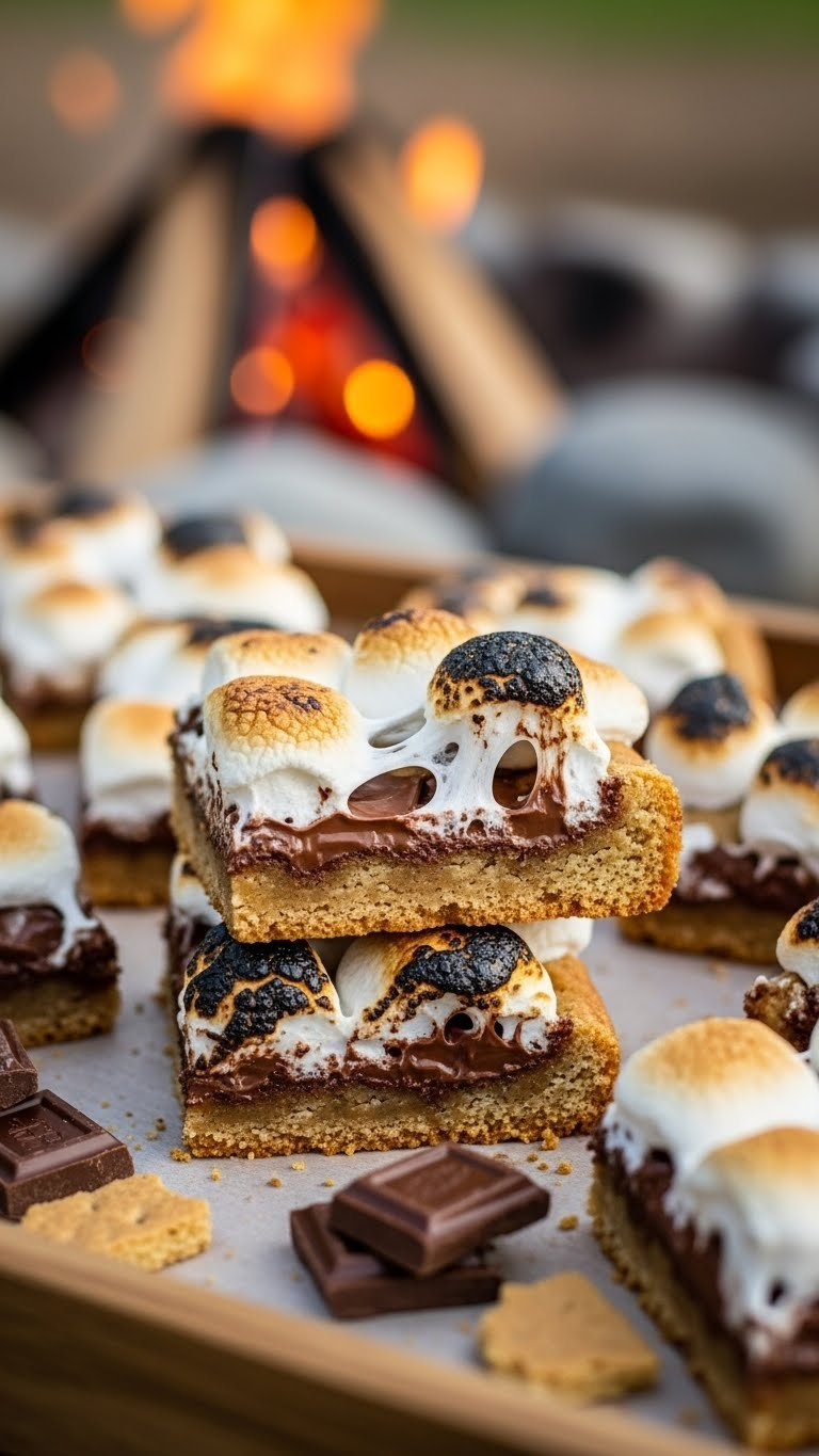 Gooey S'mores Cookie Bars With Melted Chocolate And Toasted Marshmallows In Rustic Squares On A Wooden Tray, Perfect For Camping.