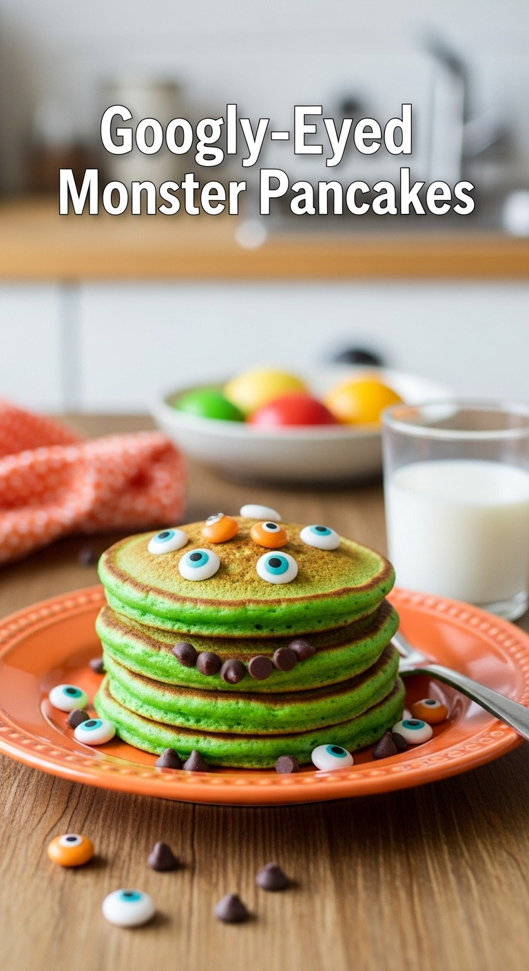 Googly-Eyed Monster Pancakes On An Orange Plate For Halloween Breakfast