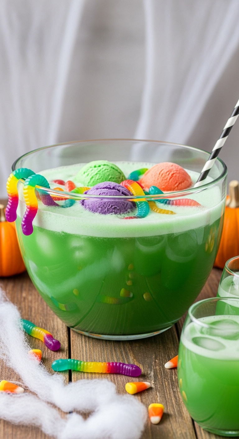 Goosebumps Halloween Punch In A Glass Bowl With Bubbling Green Liquid Rainbow Sherbet Gummy Worms And Candy Corn Perfect For Recipes