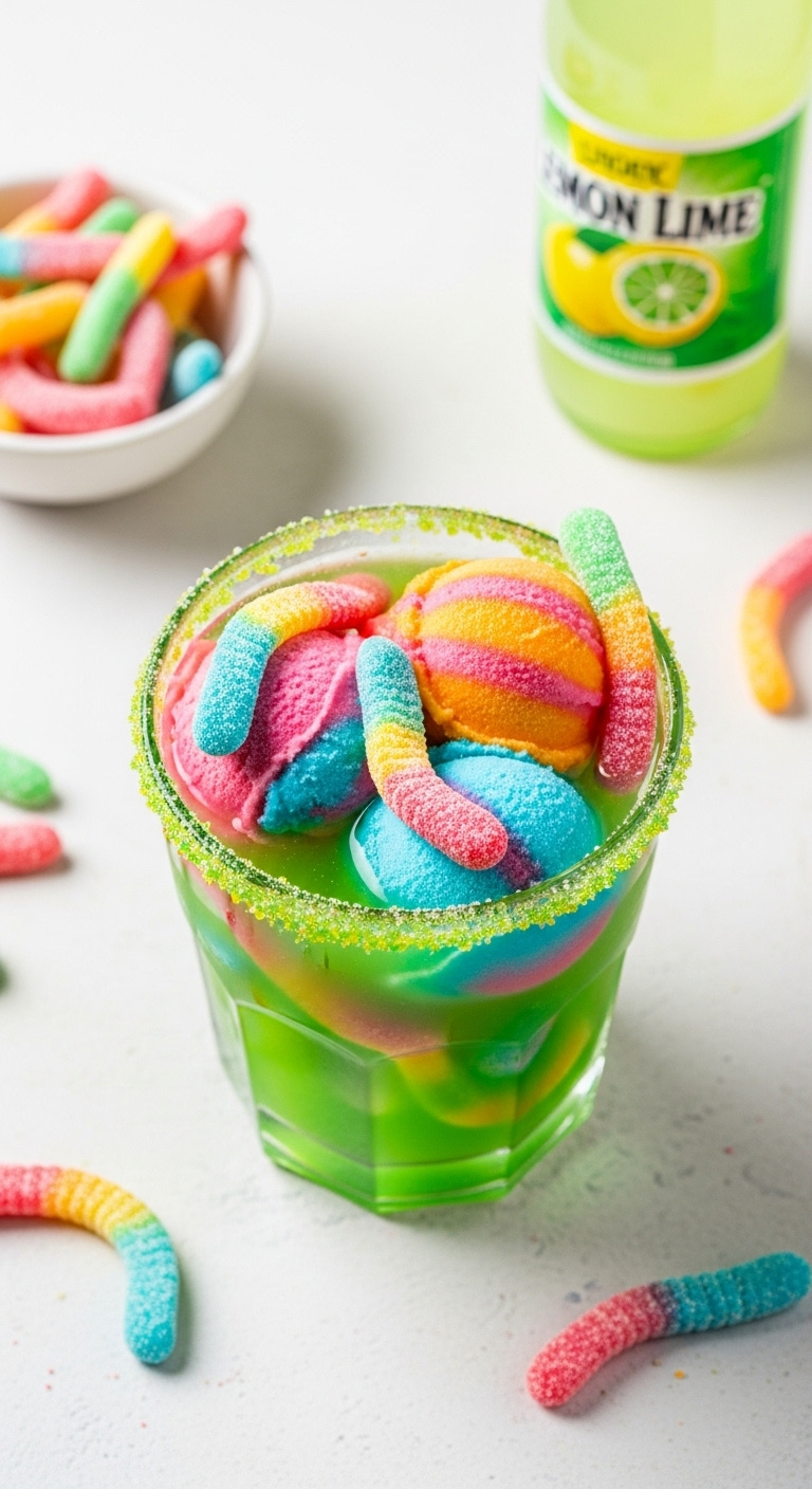 Goosebumps Green Halloween Punch With Gummy Worms And Rainbow Sherbet In A Sugar Rimmed Glass On White Background