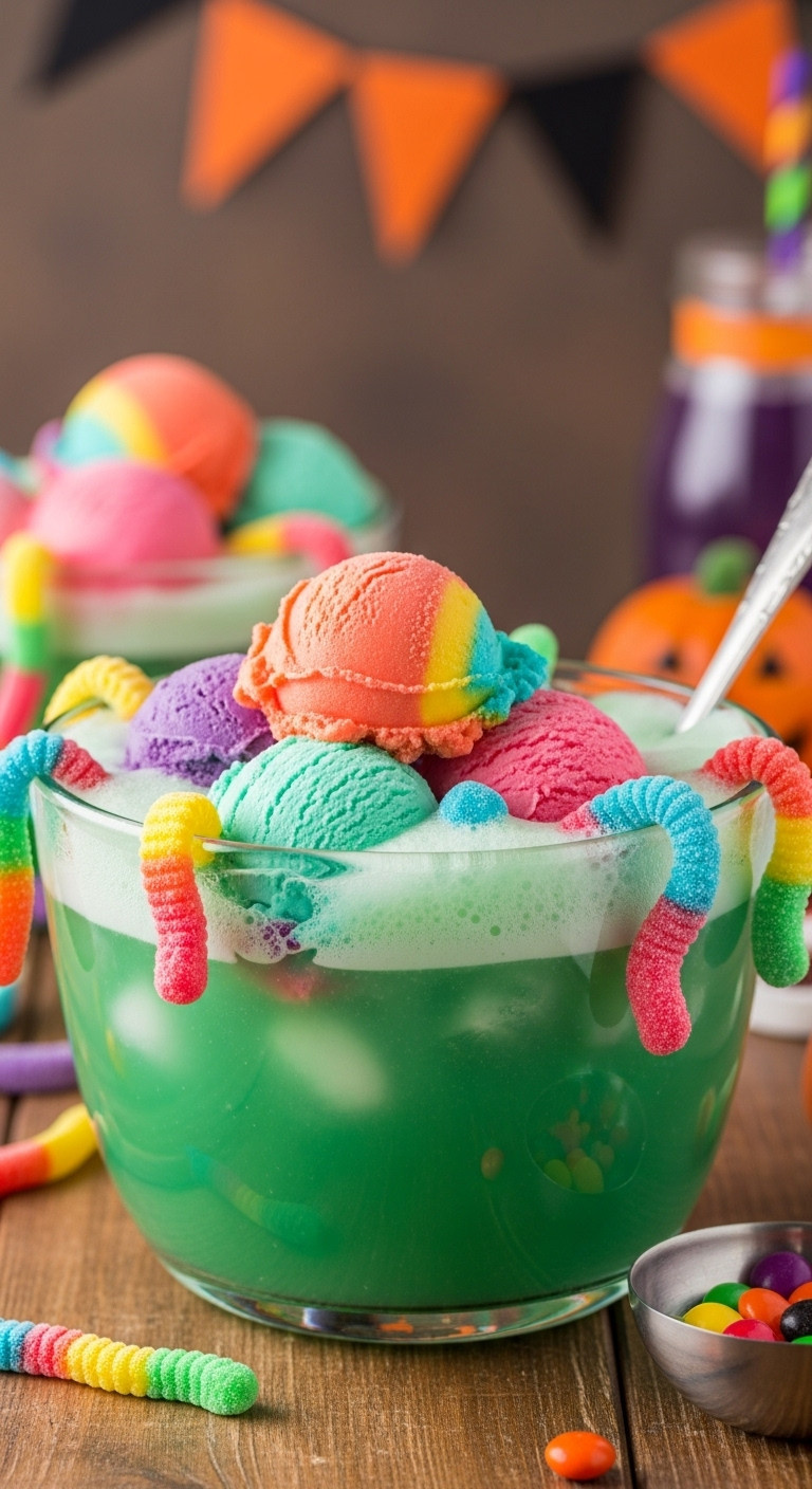 Goosebumps Sherbet Punch With Gummy Worms And Rainbow Sherbet Scoops In A Glass Punch Bowl On A Rustic Wooden Table