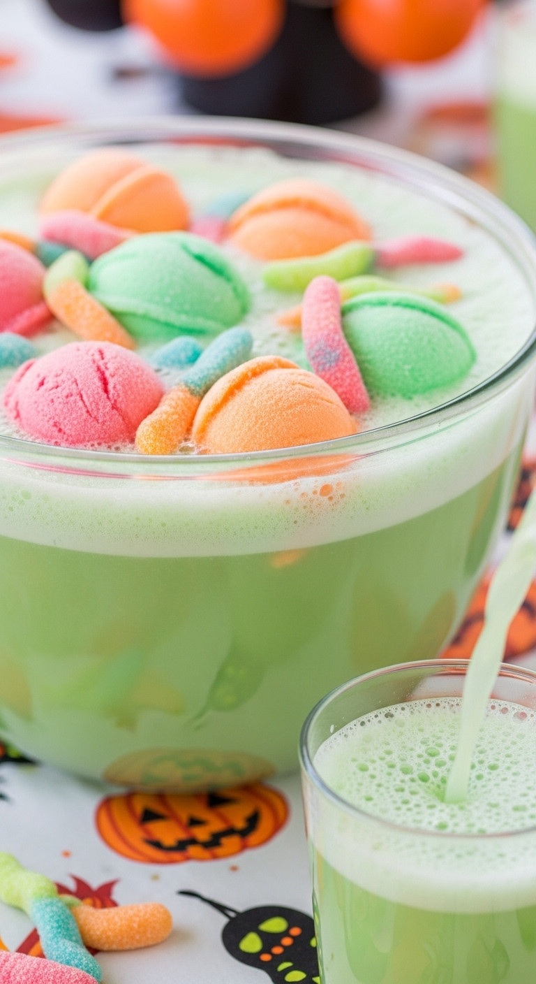 Goosebumpshalloweenpunchkidfriendlypartydrinksherbetgummywormsfestivebeveragerecipe