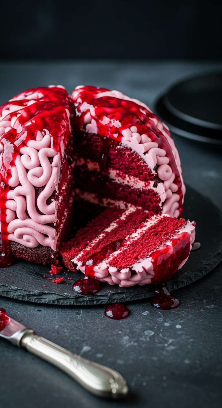Gory Red Velvet Brain Cake With Pink Frosting And Raspberry Jam &Quot;Blood&Quot; On A Dark Slate Platter