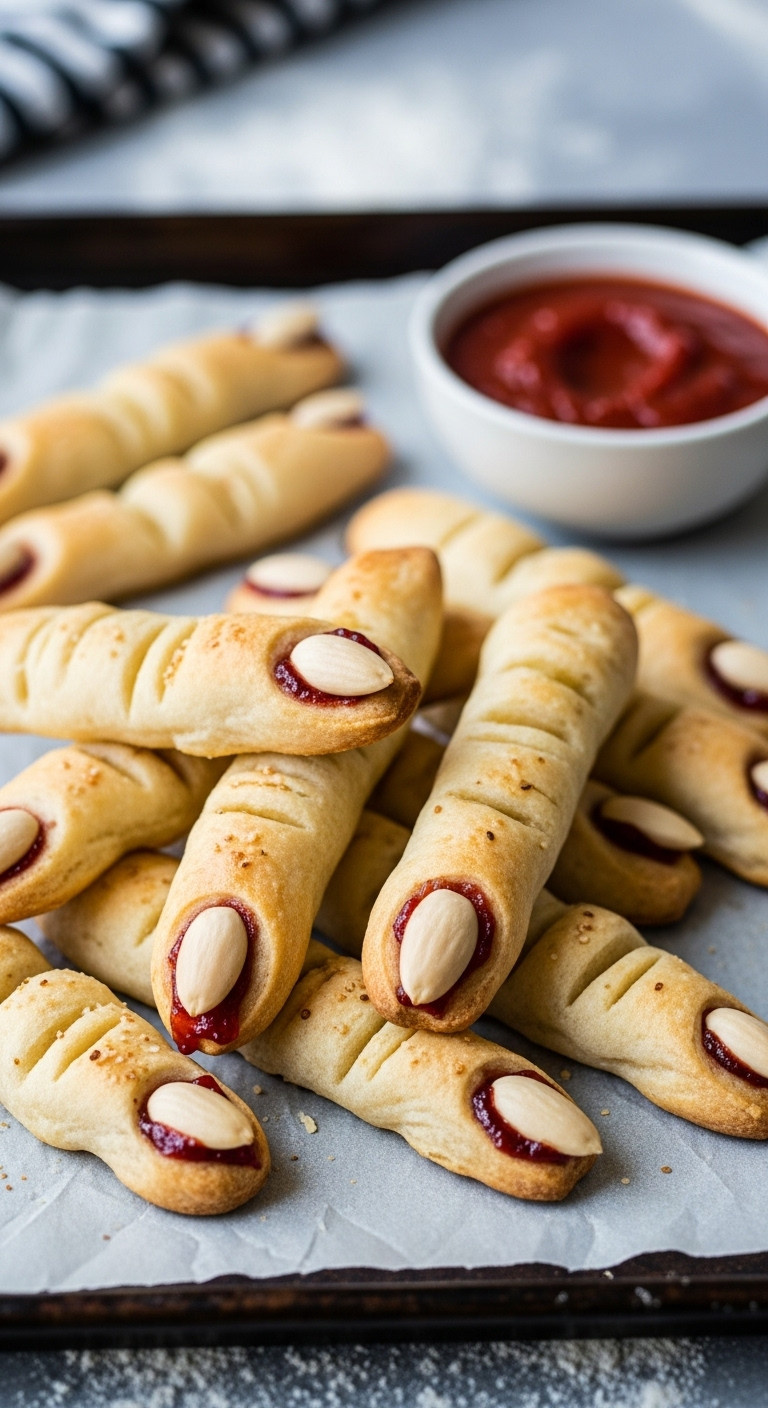 Gory Witches Finger Breadsticks With Blanched Almond Fingernails And Red Jam On Parchment Paper With Marinara Sauce