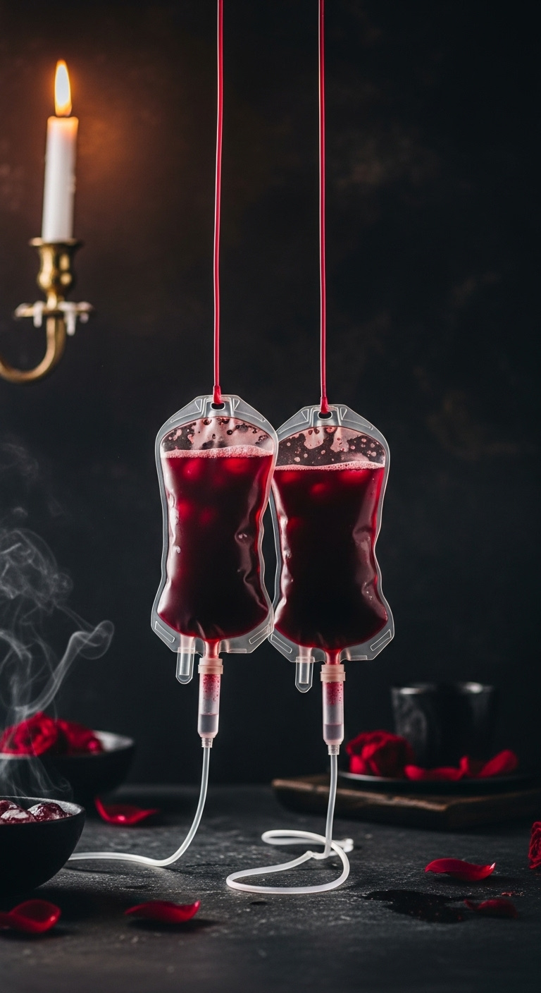 Gothic Halloween Iv Blood Bag Drinks With Vampire's Kiss Cocktails On A Dark Wall With Rose Petals And Smoke Perfect For Recipes