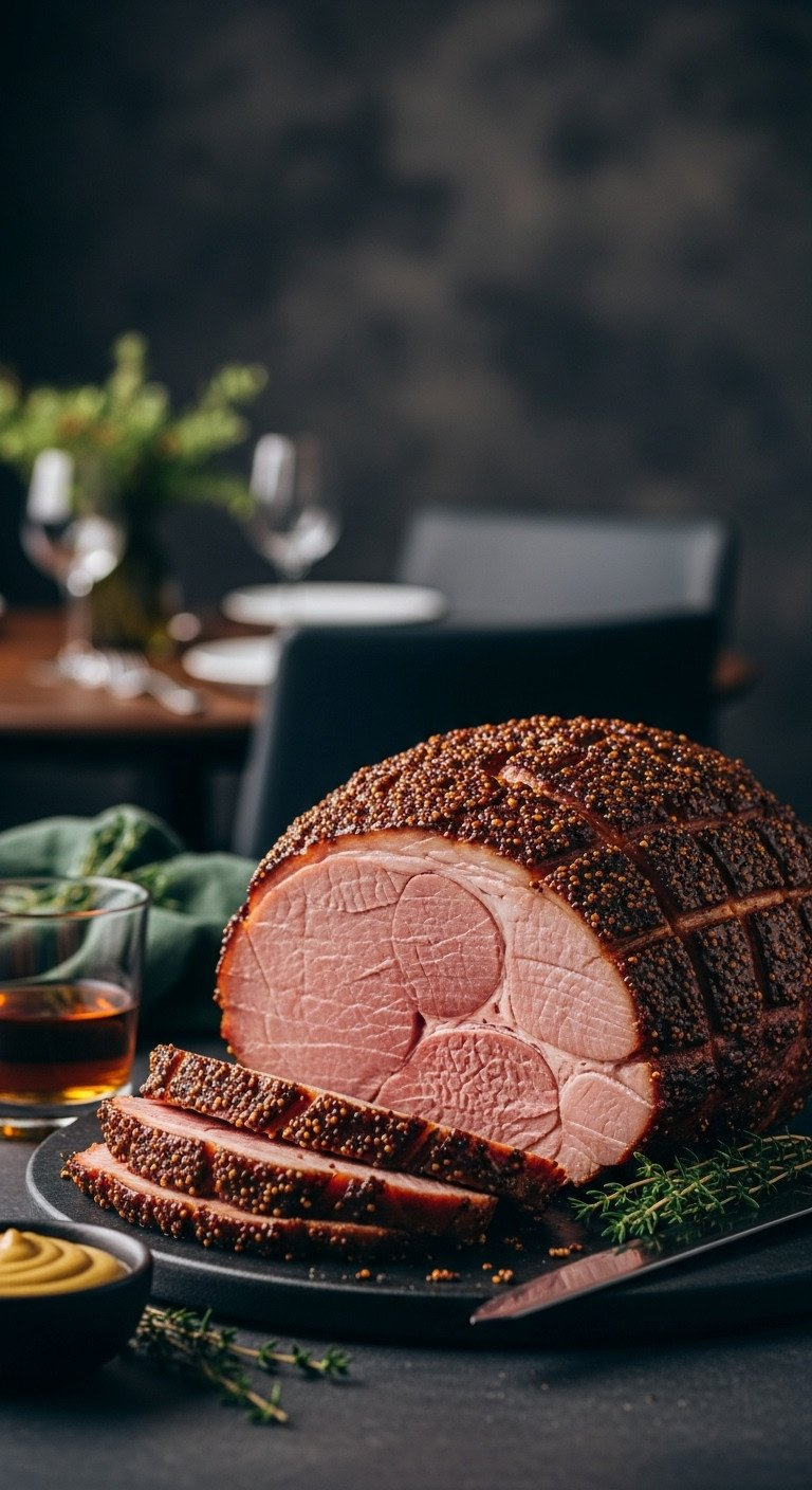 Gourmet Christmas Bourbon Mustard Glazed Ham, Deep Golden-Brown With Spicy Crust, On Dark Stone With Bourbon And Thyme.