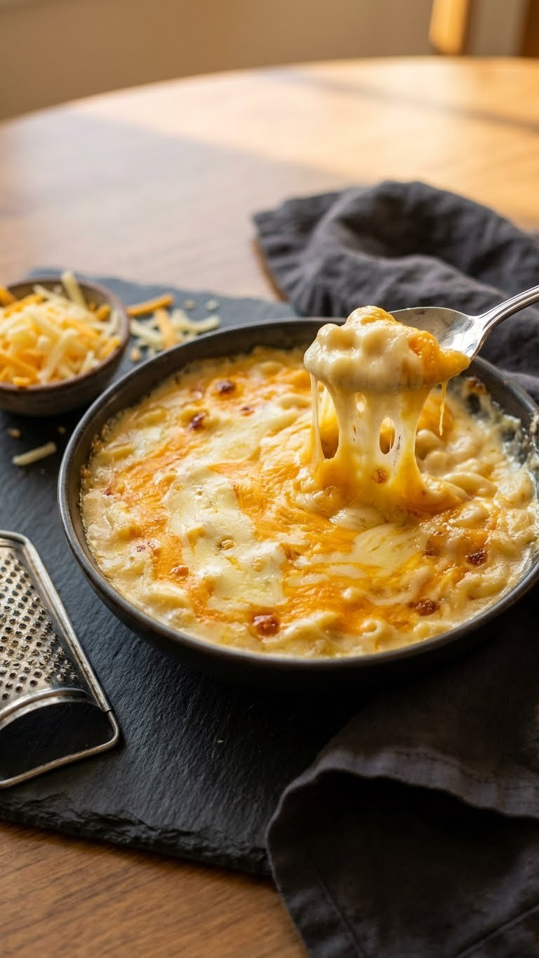 Gourmet Instant Pot Mac And Cheese With Melted Gruyère, Cheddar, And Havarti, Showing Gooey Cheese On A Dark Slate Platter.