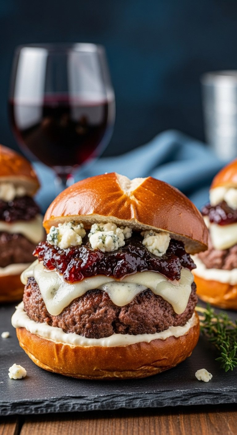 Gourmet Bacon Blue Cheese Slider On Pretzel Bun With Red Wine And Thyme On Dark Slate Surface.