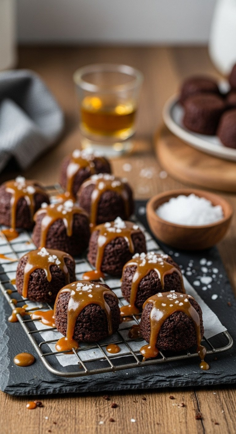 Gourmet Brownie Bites With Glossy Salted Caramel Drizzle On A Slate Board, Sea Salt, Rustic Wooden Kitchen Counter, Golden Light.