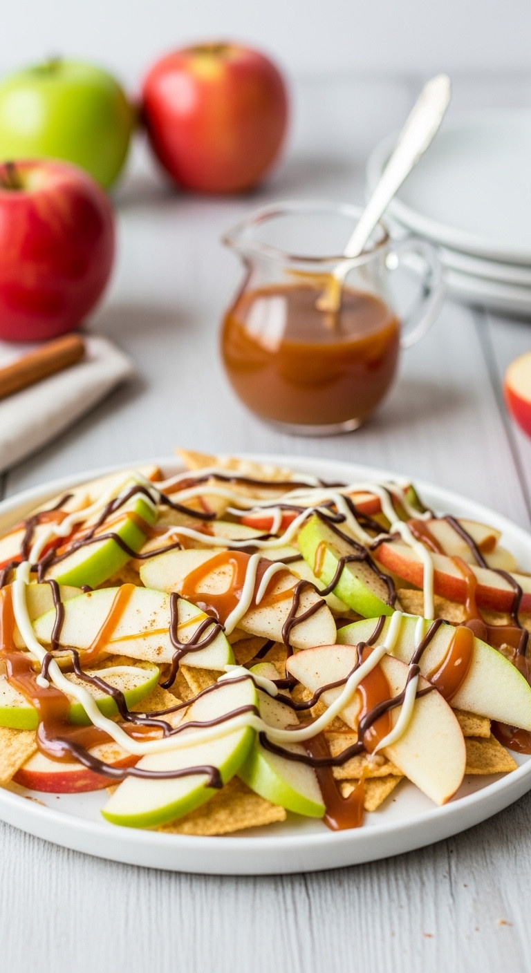 Gourmet Caramel Apple Nachos Platter With Green And Red Apple Slices Drizzled In Caramel And White Chocolate