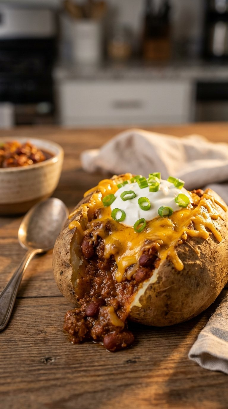 Gourmet Chili Cheese Baked Potato Split Open With Savory Beef Chili, Melted Cheddar, Sour Cream, And Green Onions On Rustic Wood Table.
