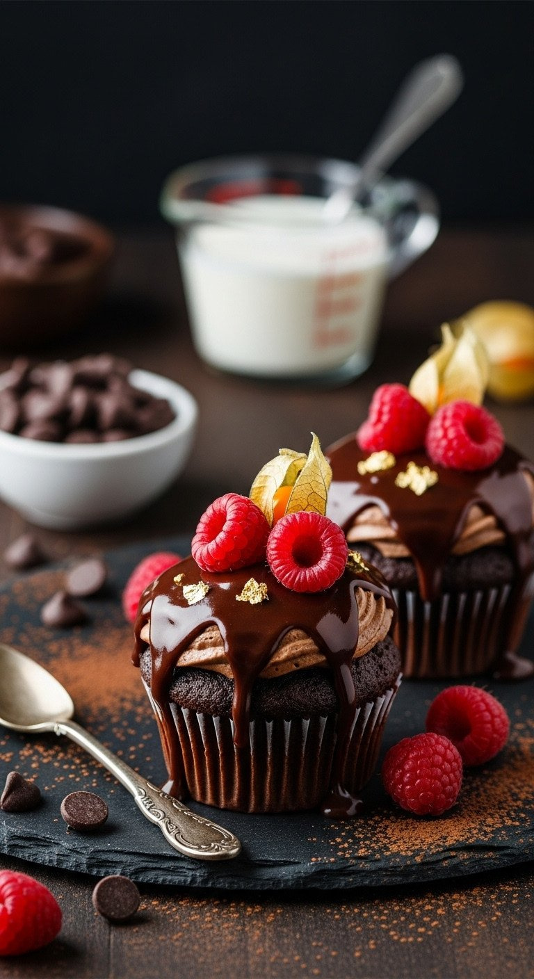 Gourmet Chocolate Cupcakes With Glossy Ganache Drip, Gold Foil, And Raspberries. Golden Hour Light On Dark Slate; Rich, Elegant Dessert.