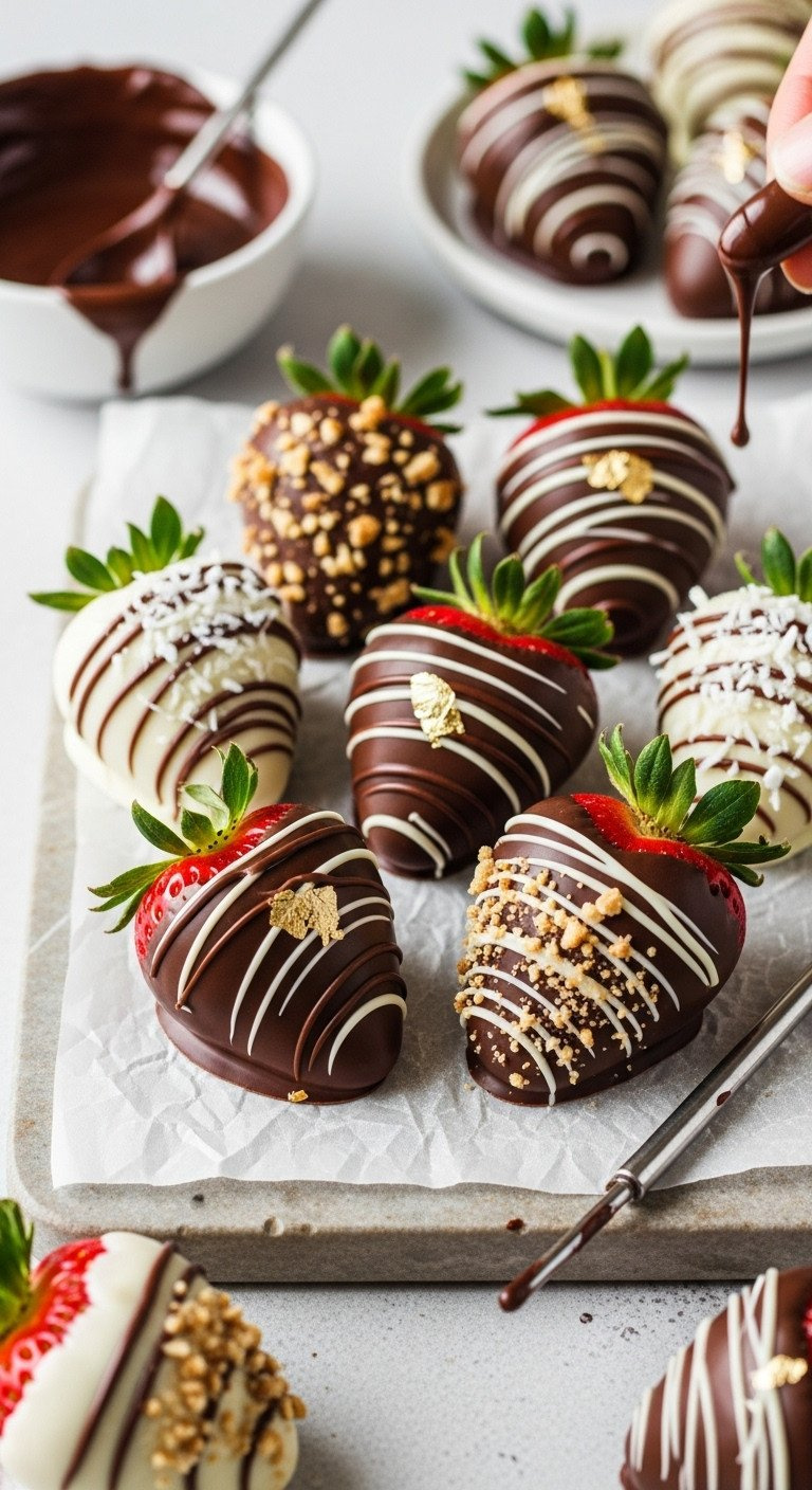 Gourmet Chocolate-Dipped Strawberries With Dark, Milk, White Chocolate, Gold Leaf, And Nuts On A Stone Surface. Elegant Dessert.