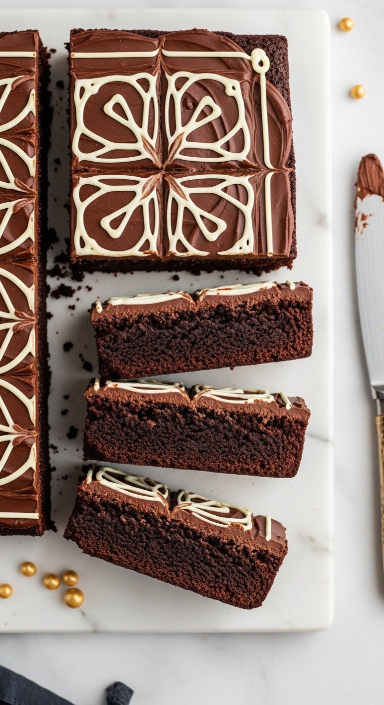 Gourmet Chocolate Ganache Brownies, Adorned With White Geometric Patterns &Amp; Gold Pearls, On A Sleek Marble Countertop.