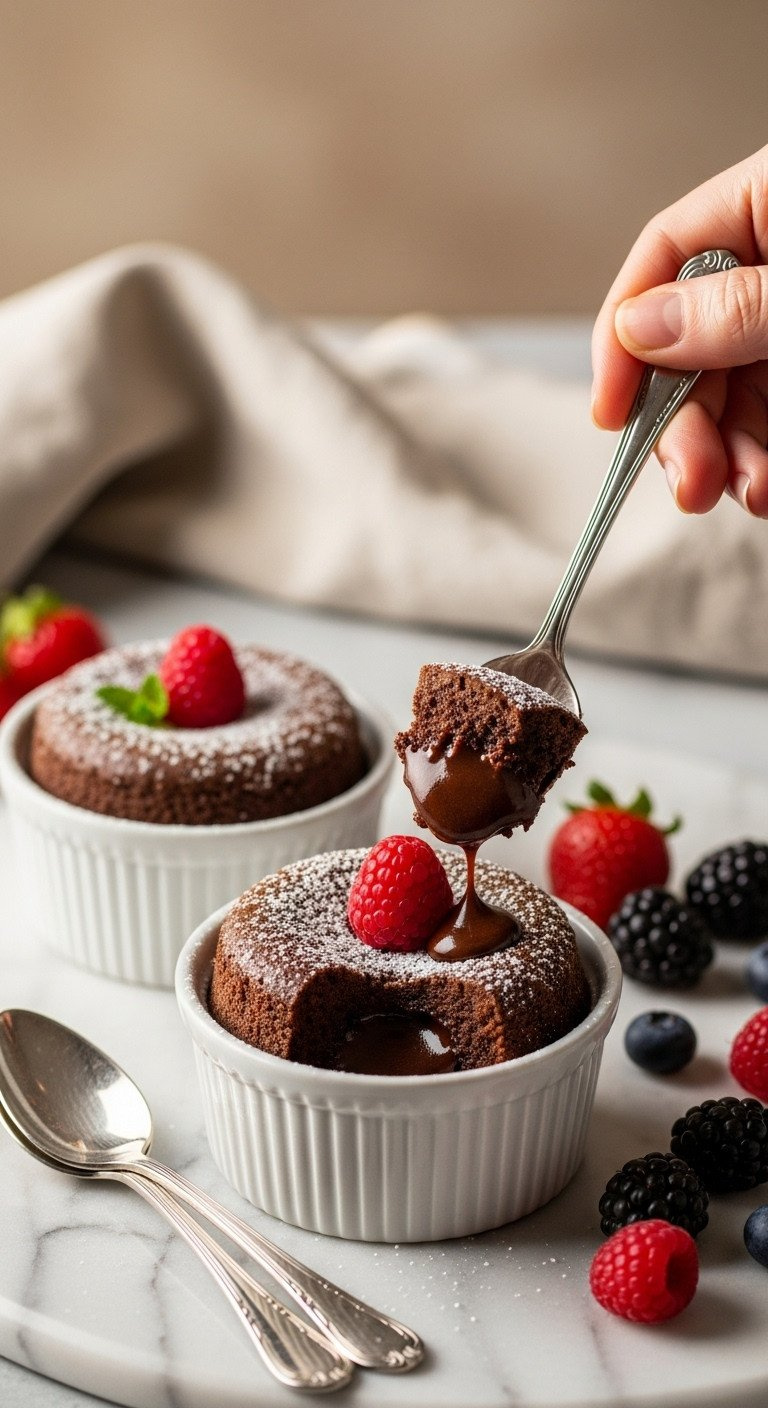 Gourmet Chocolate Lava Cakes In Ramekins, Molten Chocolate Oozing, Dusted Powdered Sugar, Fresh Raspberry, Silver Spoons On Marble. Cozy Dessert.