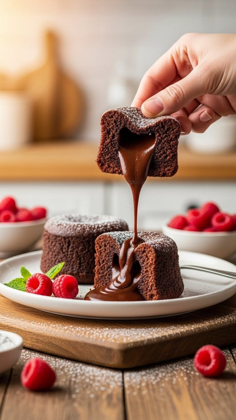 Gourmet Chocolate Lava Cakes, Molten Chocolate Oozing, With Fresh Raspberries &Amp; Powdered Sugar On A Rustic Wood Board, Golden Light.