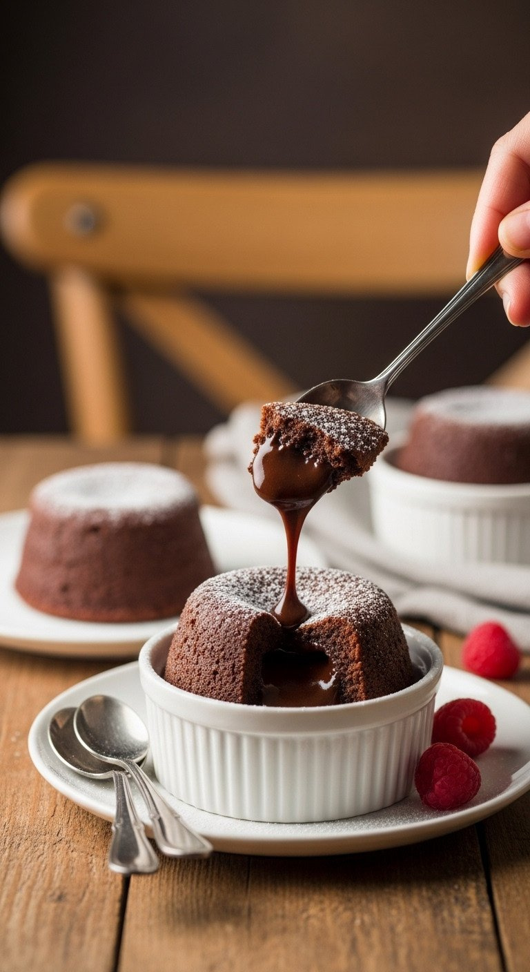 Gourmet Chocolate Lava Cakes With Molten Center, Powdered Sugar, And Fresh Raspberries On A Rustic Wooden Table. Golden Light.