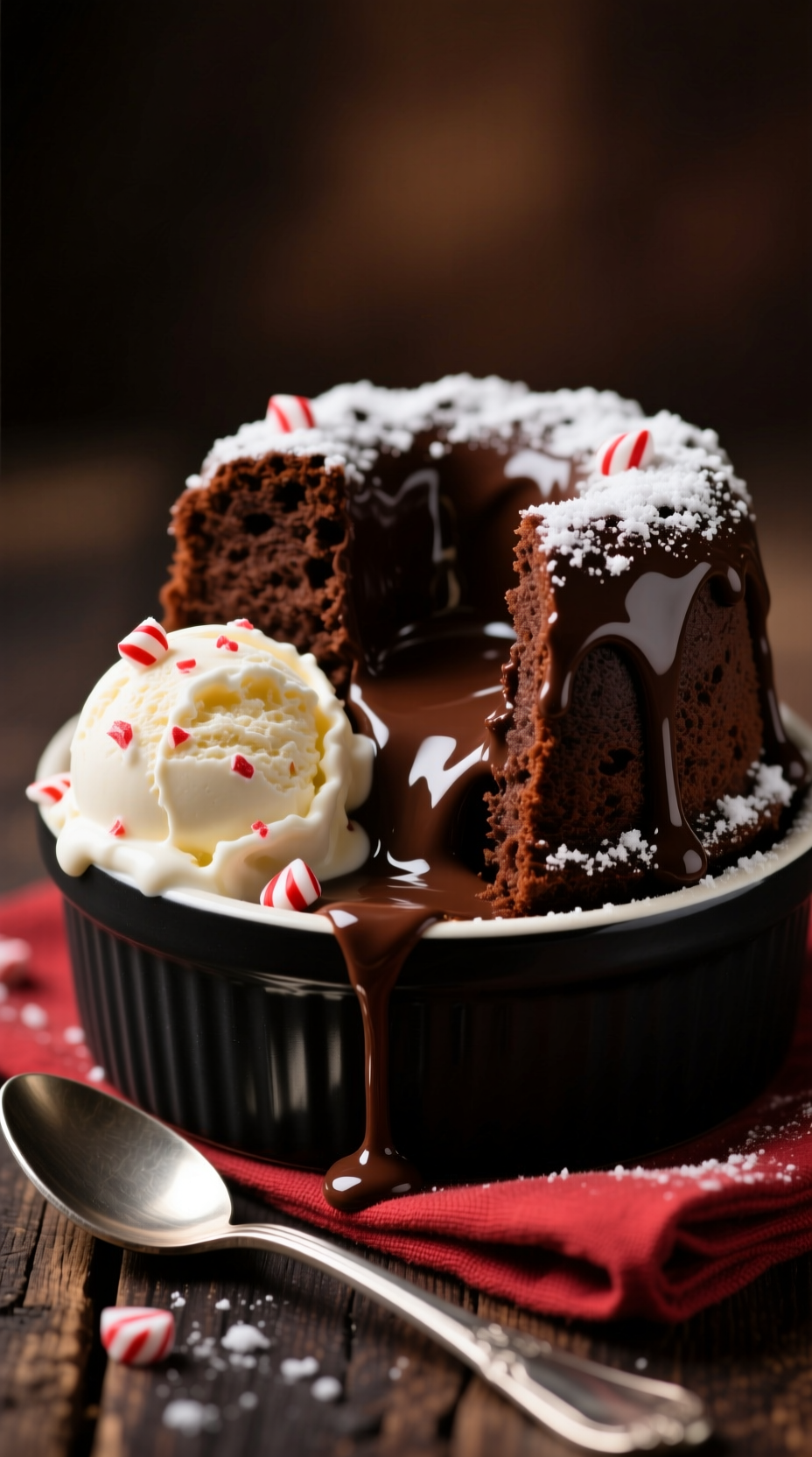 Gourmet Chocolate Peppermint Lava Cake, Molten Center, Vanilla Ice Cream With Crushed Peppermint, Powdered Sugar, Festive Holiday Dessert.