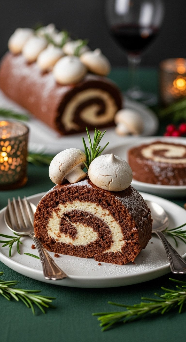 Gourmet Dark Chocolate Bûche De Noël Slice With Rolled Sponge, Creamy Filling, Mushroom Meringues, And Snowy Confectioner's Sugar.