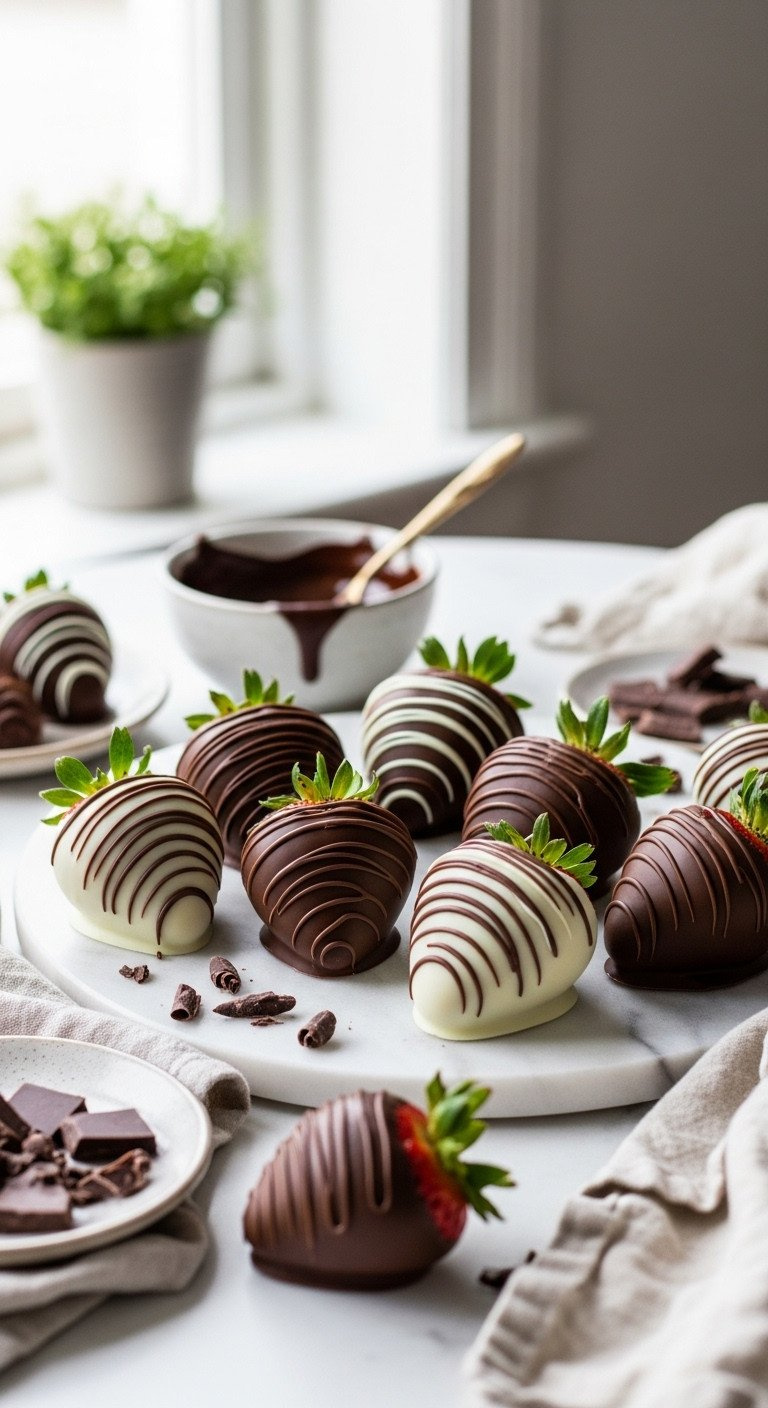 Gourmet Dark Chocolate Covered Strawberries, Some With White Drizzle, On Marble Platter. Elegant, Sophisticated Dessert.