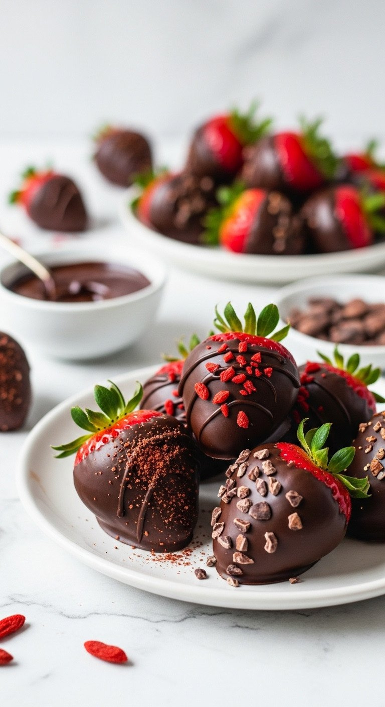 Gourmet Dark Chocolate-Dipped Strawberries, Dusted With Vibrant Superfood Powders Like Goji Berry And Cacao Nibs, On A White Plate.