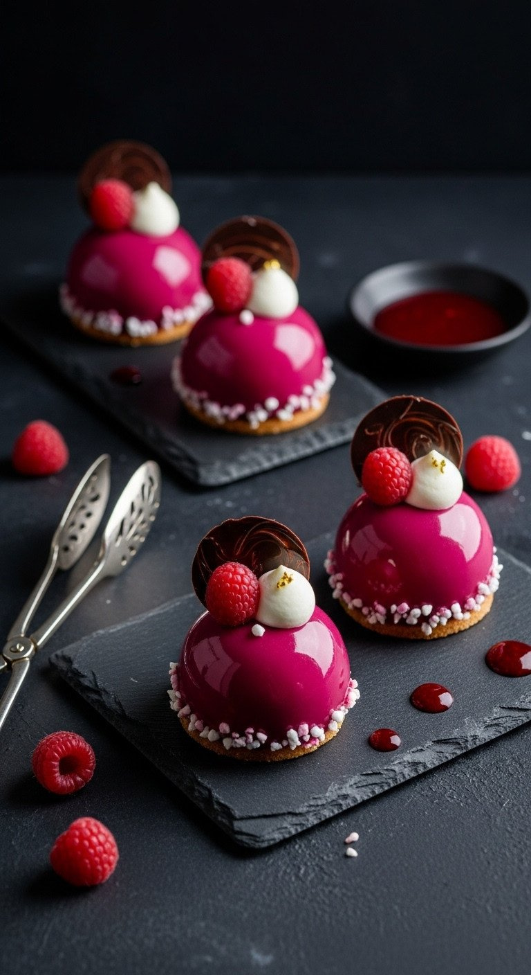 Gourmet Entremets With Magenta And White Mirror Glaze, Intricate Chocolate Work On A Black Slate Tile, Top-Down View.