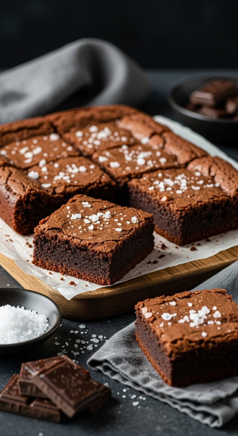 Gourmet Fudgy Brown Butter Brownies With Flaky Sea Salt On A Rustic Wood Board; Sophisticated Chocolate Dessert.