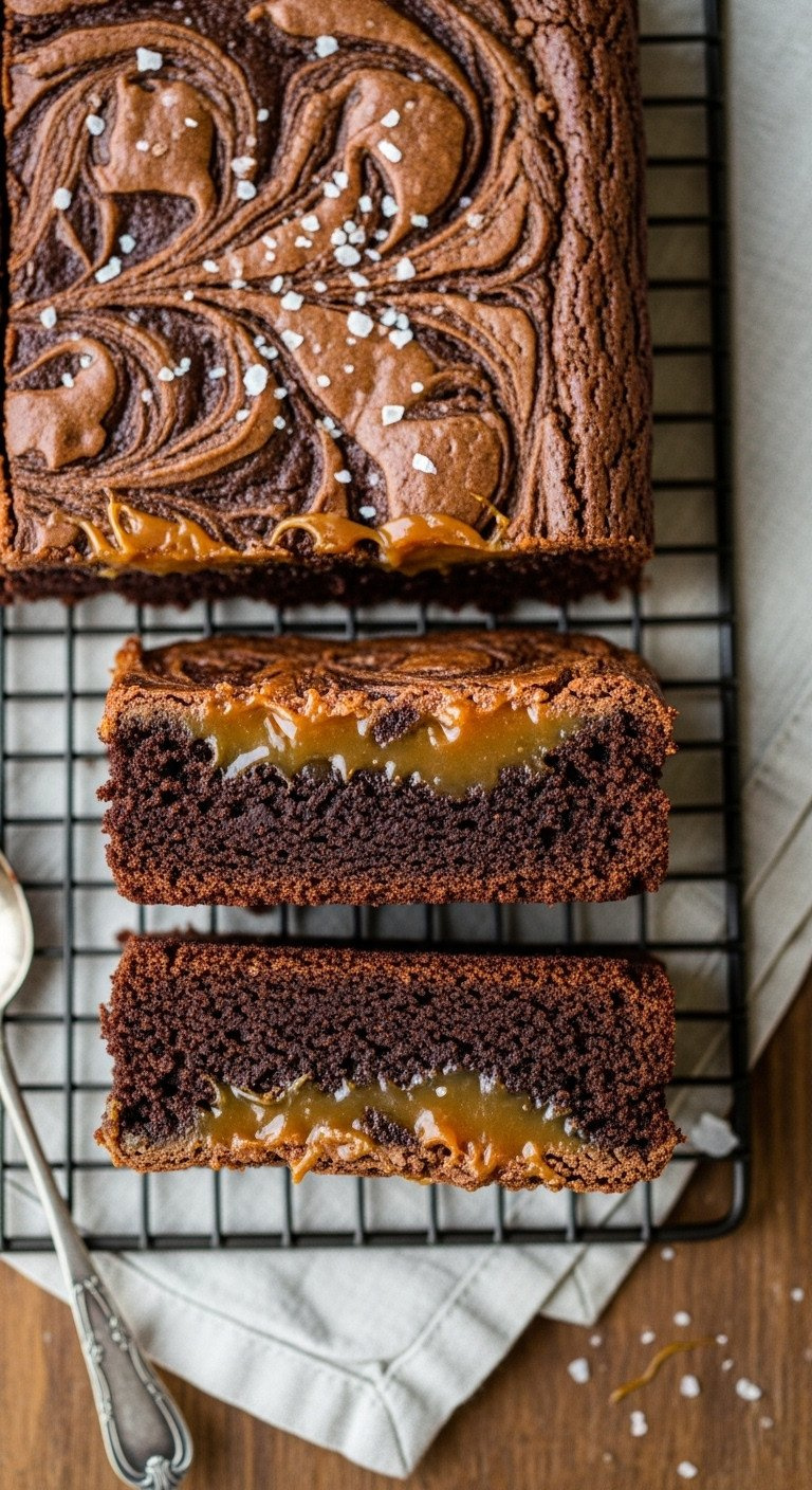Gourmet Fudgy Salted Caramel Swirl Brownies With Sea Salt Flakes, On A Cooling Rack On A Rustic Wooden Table.