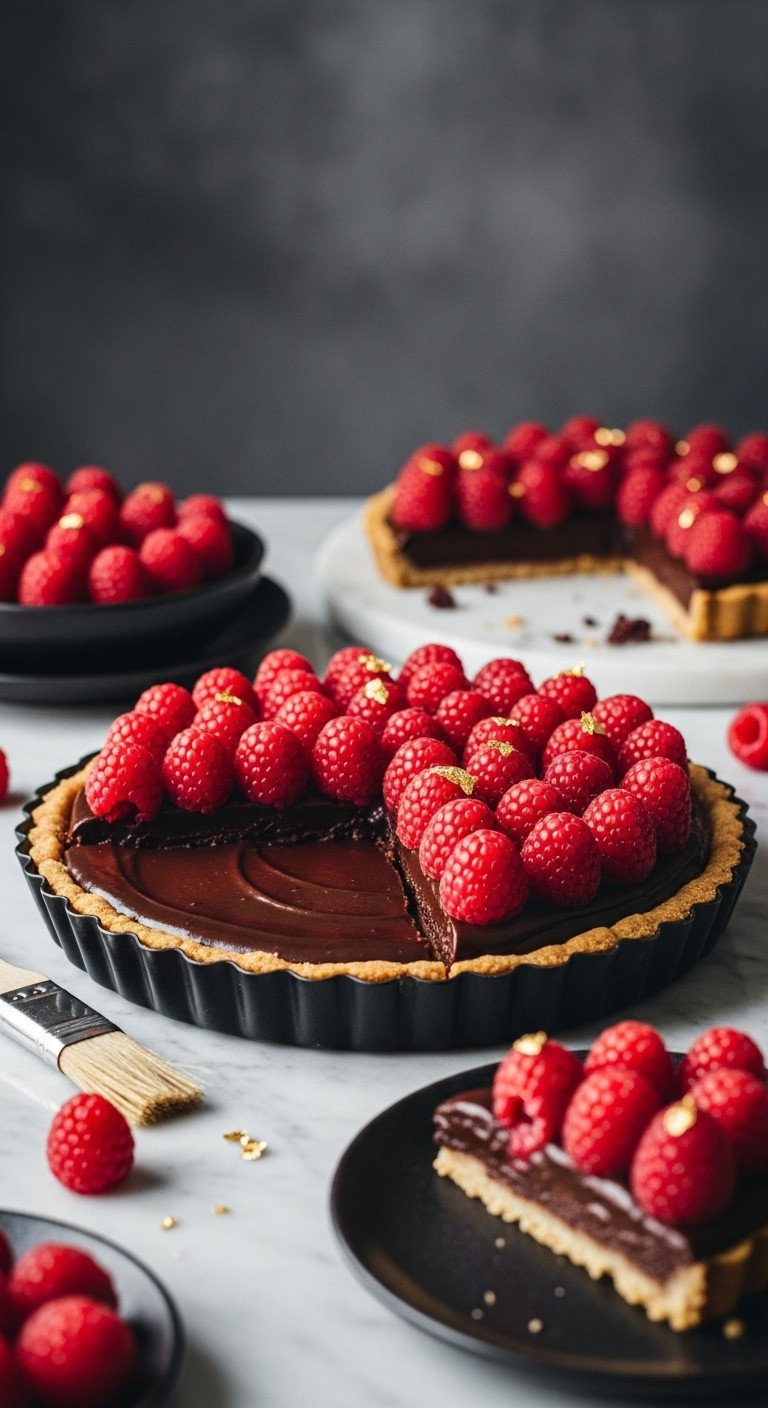 Gourmet Gluten-Free Raspberry Chocolate Tart With Rich Ganache, Fresh Berries, Flaky Crust On Marble.