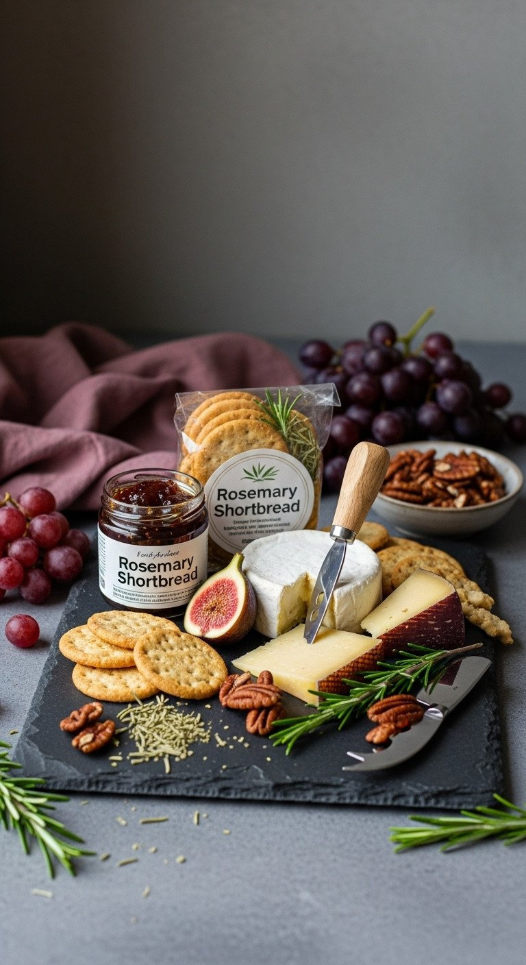 Gourmet Holiday Gift Board With Savory Rosemary Crackers, Cheese, Fig Jam, And Sweet Candied Pecans On A Slate Platter.
