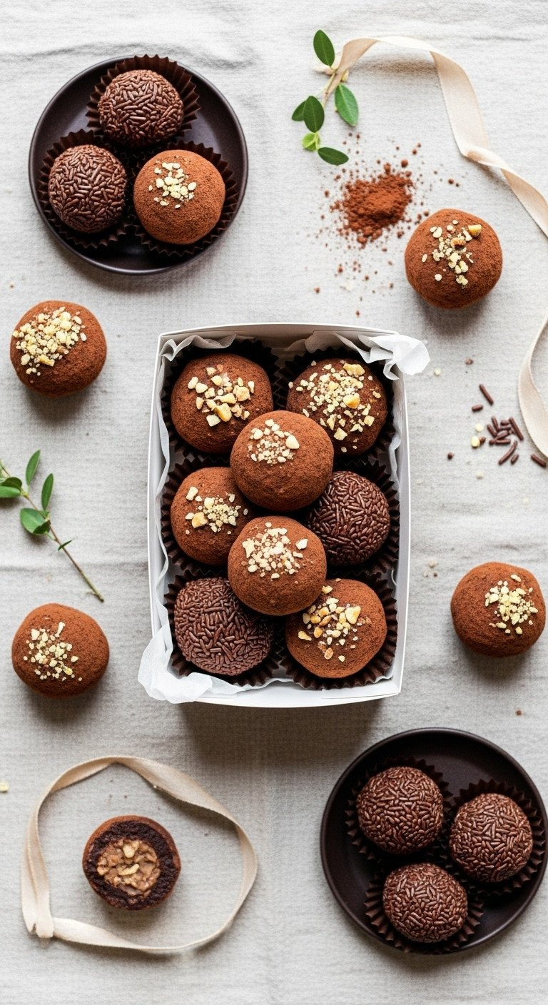 Gourmet Homemade Chocolate Truffles, Cocoa, Nuts, Sprinkles, In An Elegant Paper Box. Bright, Minimalist Dessert Flat Lay.