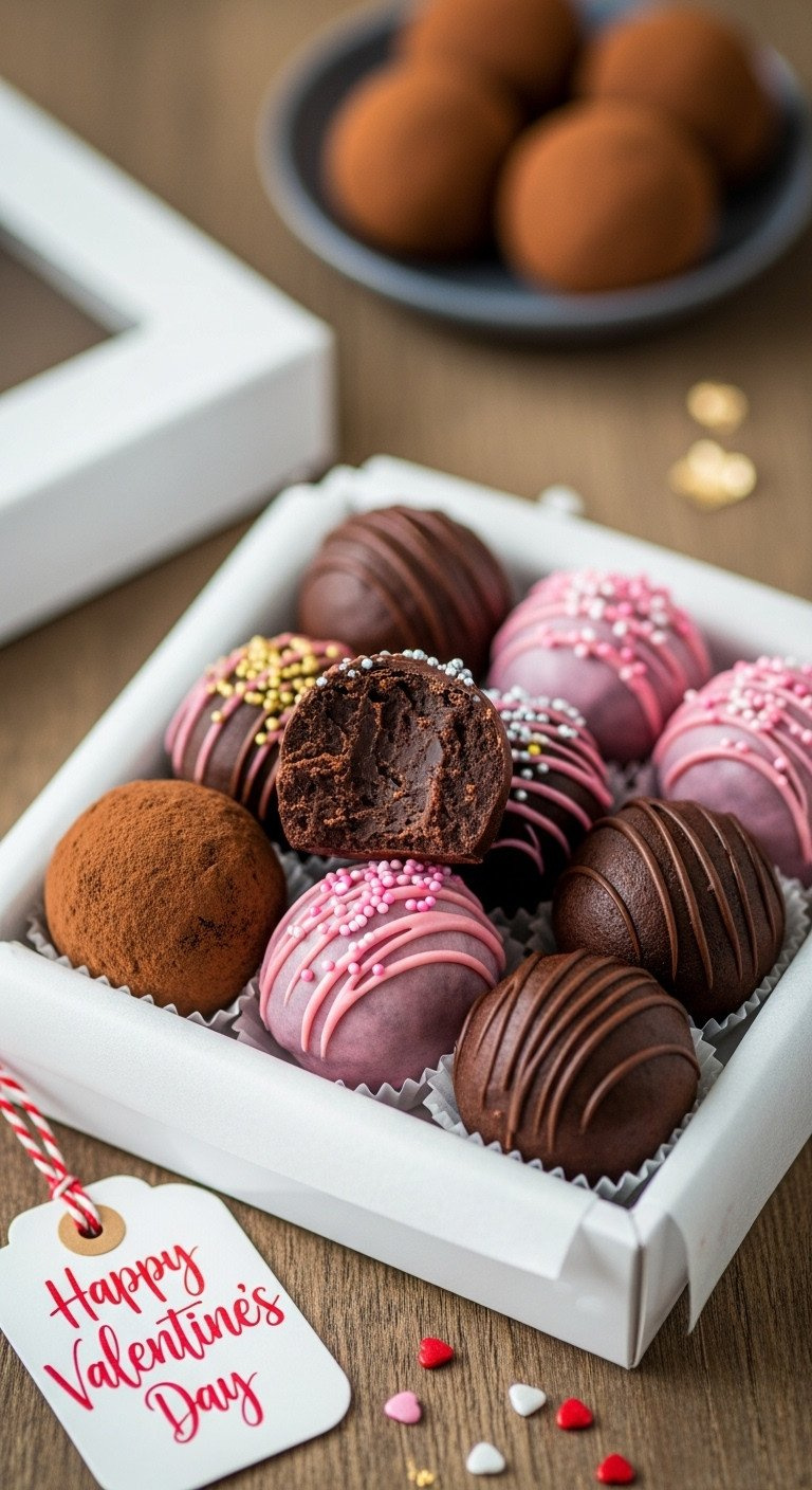 Gourmet No-Bake Brownie Truffles: Pink Candy Melt, Sprinkled, &Amp; Cocoa-Dusted, Arranged In Elegant White Box.