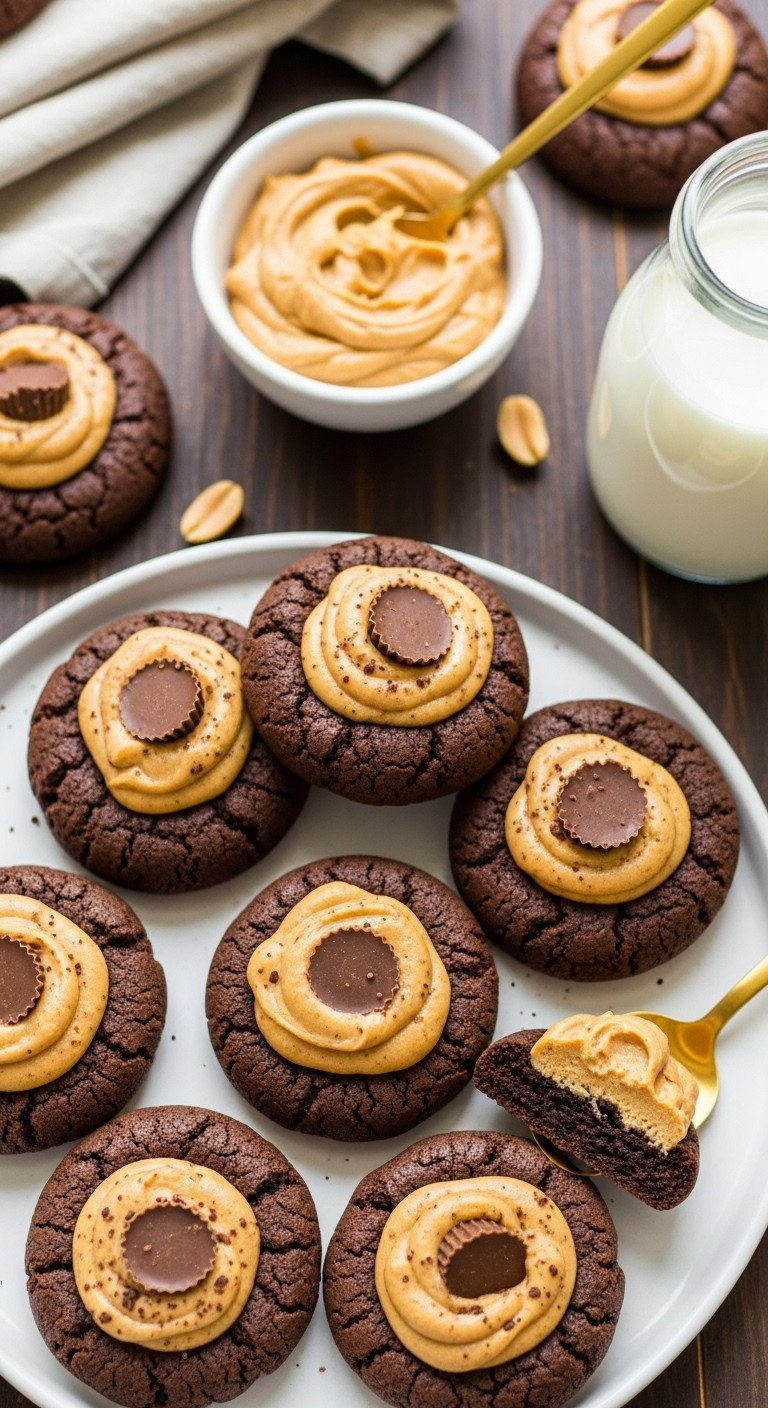 Gourmet Peanut Butter Chocolate Truffle Cookies On A White Platter With Milk, Wood Counter. Rich, Sophisticated Dessert.