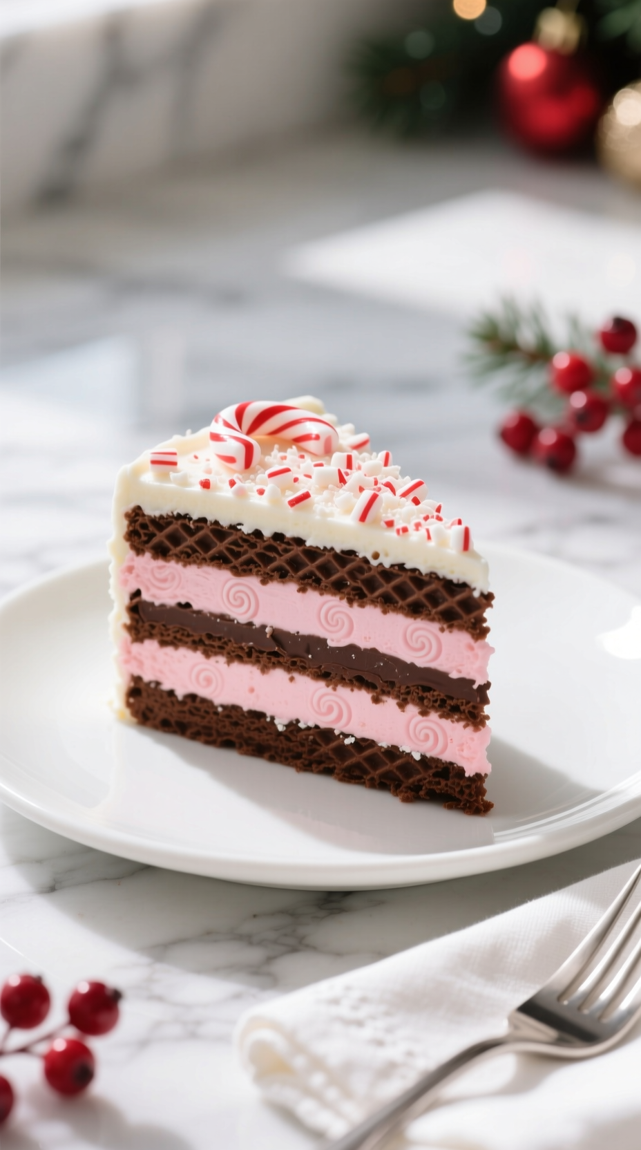 Gourmet Peppermint Icebox Cake Slice With Dark Chocolate Wafers, Pale Pink Cream, Crushed Candy Canes, On White Plate, Ready For Holiday Dessert.