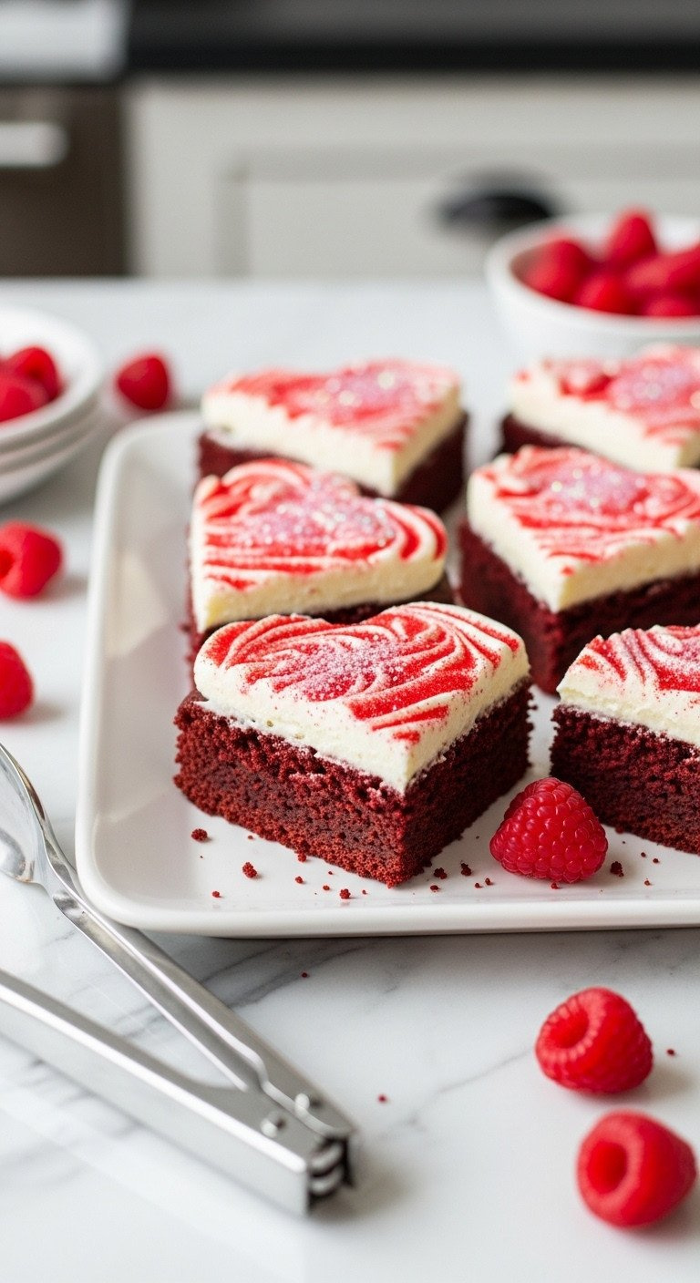 Gourmet Red Velvet Heart Brownies For Valentine's Day, Topped With Creamy White Chocolate Frosting &Amp; Red Glitter On Marble.